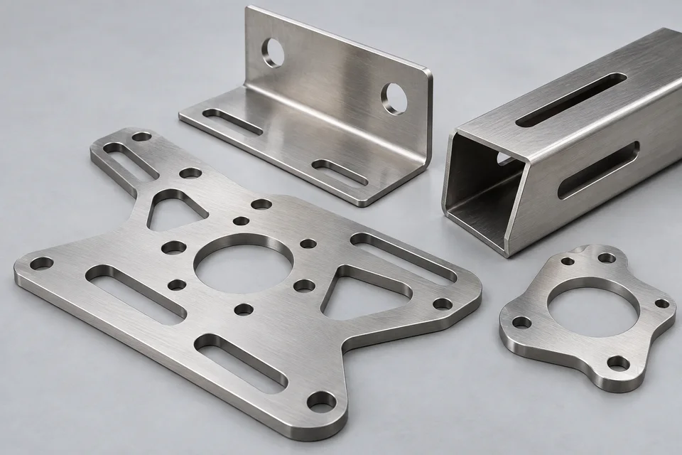 Illustrative custom stainless steel laser-cut mounting plate with holes and slots, bent bracket, flange and slotted rectangular tube