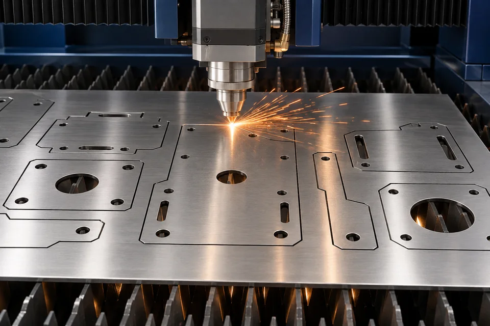Illustration of a laser cutting head cutting mounting plate profiles and holes in stainless steel sheet
